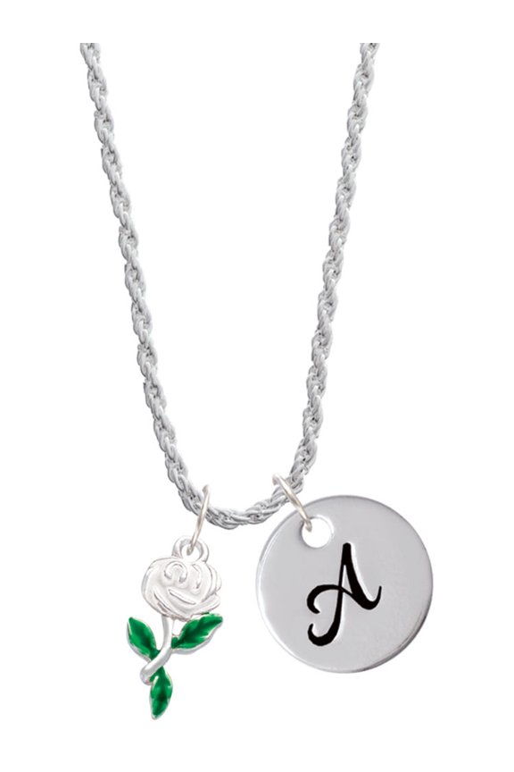 White Flower Silvertone Script Initial Disc - A - Charm Necklace, 20"+3"