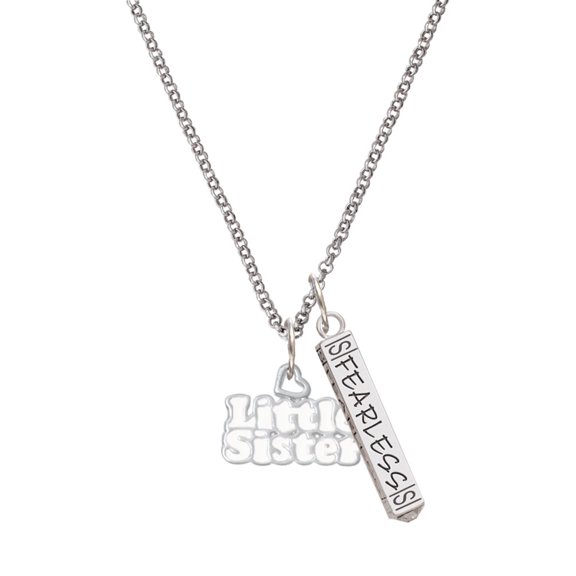 Delight Jewelry White ''Little Sister'' with Heart Silvertone Fearless Bar Charm Necklace, 23"