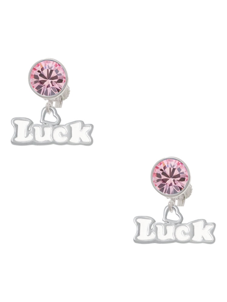 Delight Jewelry White ''Luck'' with Heart Pink Crystal Clip on Earrings