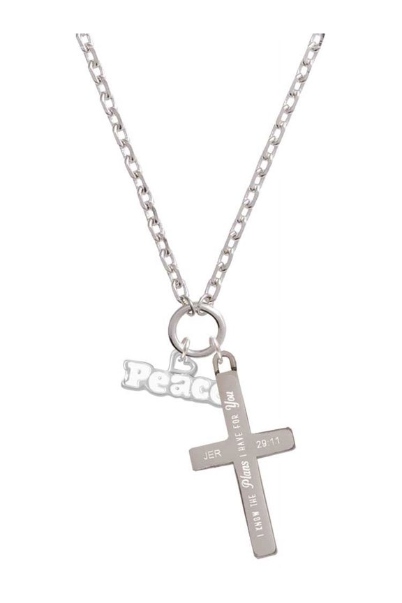 White ''Peace'' with Heart I Have Plans for You Engraved Cross Zoey Necklace, 28"