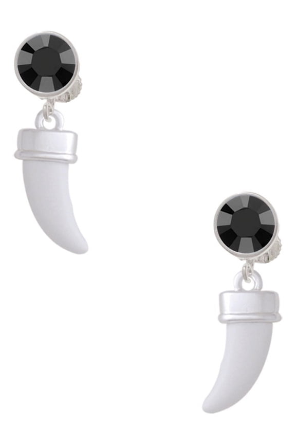 White Sabre Tooth Black Crystal Clip on Earrings