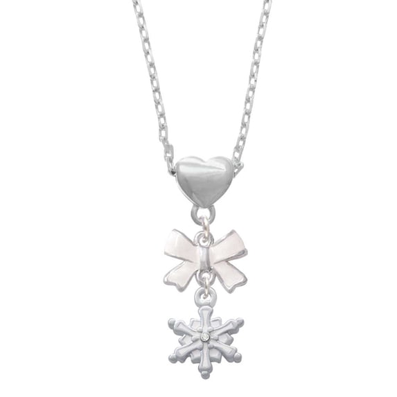 Delight Jewelry White Snowflake with Clear Crystal White Bow Heart Necklace