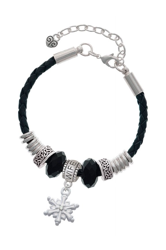 White Snowflake with Clear Crystal Wife Celtic Knot Leather Bead Bracelet, 7"+2" Extender