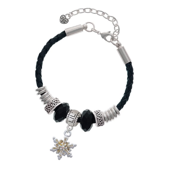 Delight Jewelry White Snowflake with Glitter and Clear AB Crystal Lil Sister Celtic Knot Leather Bead Bracelet, 7"+2" Extender