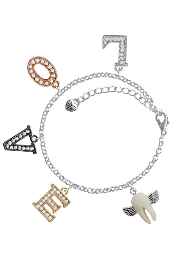 White Tooth with Wings - Tooth Fairy Multi-Colored Crystal Love Charm Bracelet