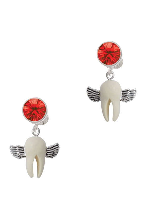 White Tooth with Wings - Tooth Fairy Red Crystal Clip on Earrings