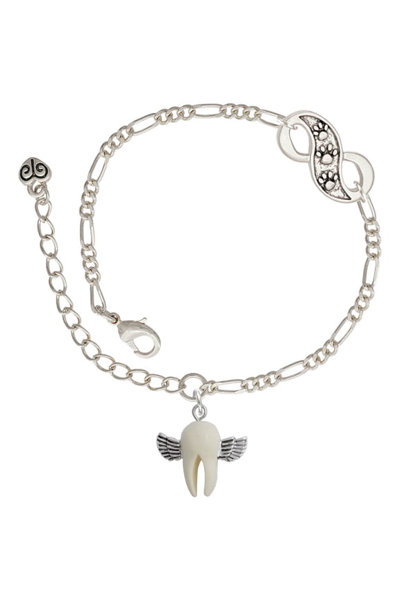 White Tooth with Wings - Tooth Fairy Silver-tone Paw Infinity Link Chain Bracelet, 6"+2" Extender