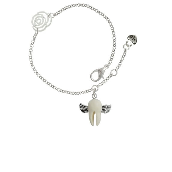 Delight Jewelry White Tooth with Wings - Tooth Fairy Silver-tone Rose Link Chain Bracelet, 6.25"+1.75" Extender