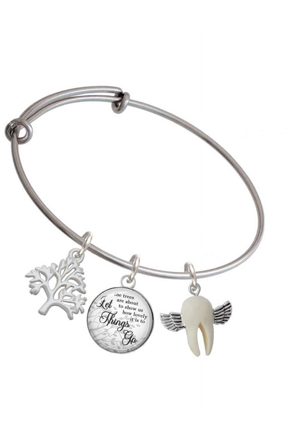 White Tooth with Wings - Tooth Fairy Silvertone Let Things Go Tree Charm Bangle Bracelet