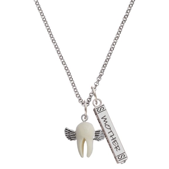 Delight Jewelry White Tooth with Wings - Tooth Fairy Silvertone Mother Daughter Bar Charm Necklace, 23"