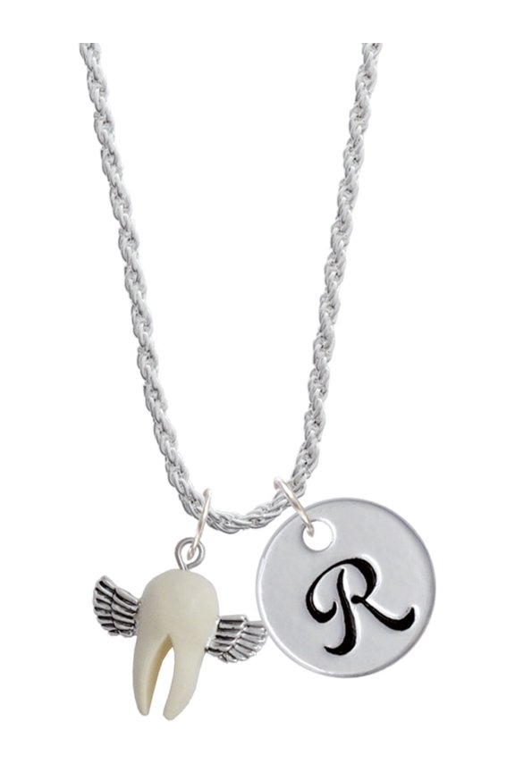 White Tooth with Wings - Tooth Fairy Silvertone Script Initial Disc - R - Charm Necklace, 20"+3"