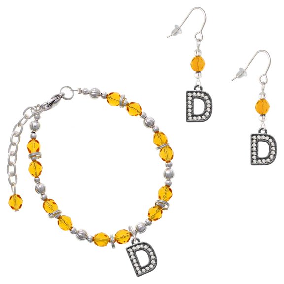 Delight Jewelry Yellow Beaded Bracelet and Earring Set, featuring Black Nickeltone Crystal Initial D Beaded Border Charms