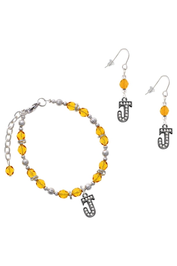 Yellow Beaded Bracelet and Earring Set, featuring Black Nickeltone Crystal Initial J Beaded Border Charms