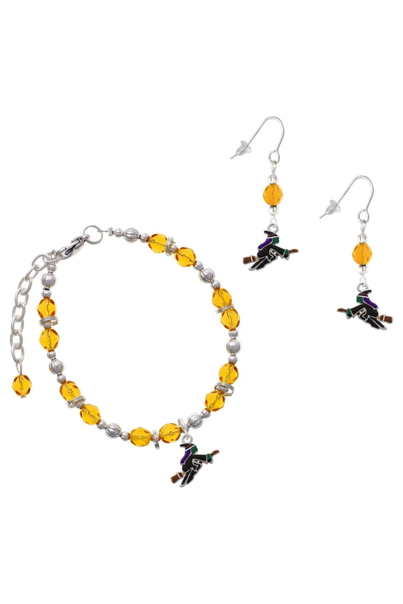 Yellow Beaded Bracelet and Earring Set, featuring Silver Plated Flying Witch Charms