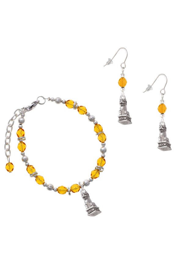 Yellow Beaded Bracelet and Earring Set, featuring Silver Plated Fu Dog Charms