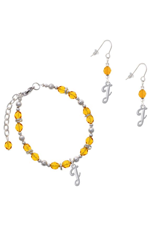Yellow Beaded Bracelet and Earring Set, featuring Silver Plated Small Gelato Script Initial J Charms