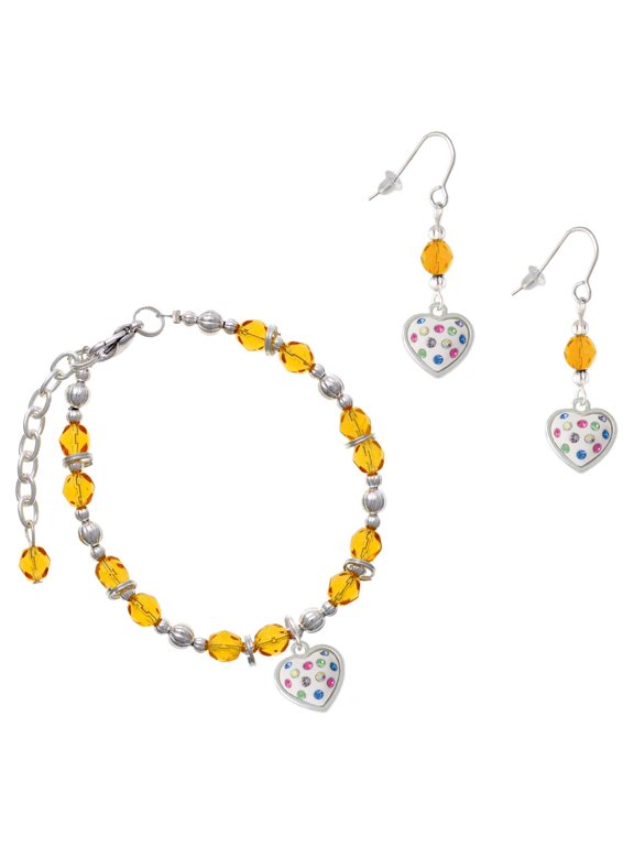 Yellow Beaded Bracelet and Earring Set, featuring Silver Plated White Resin Heart with Spring Crystals Charms