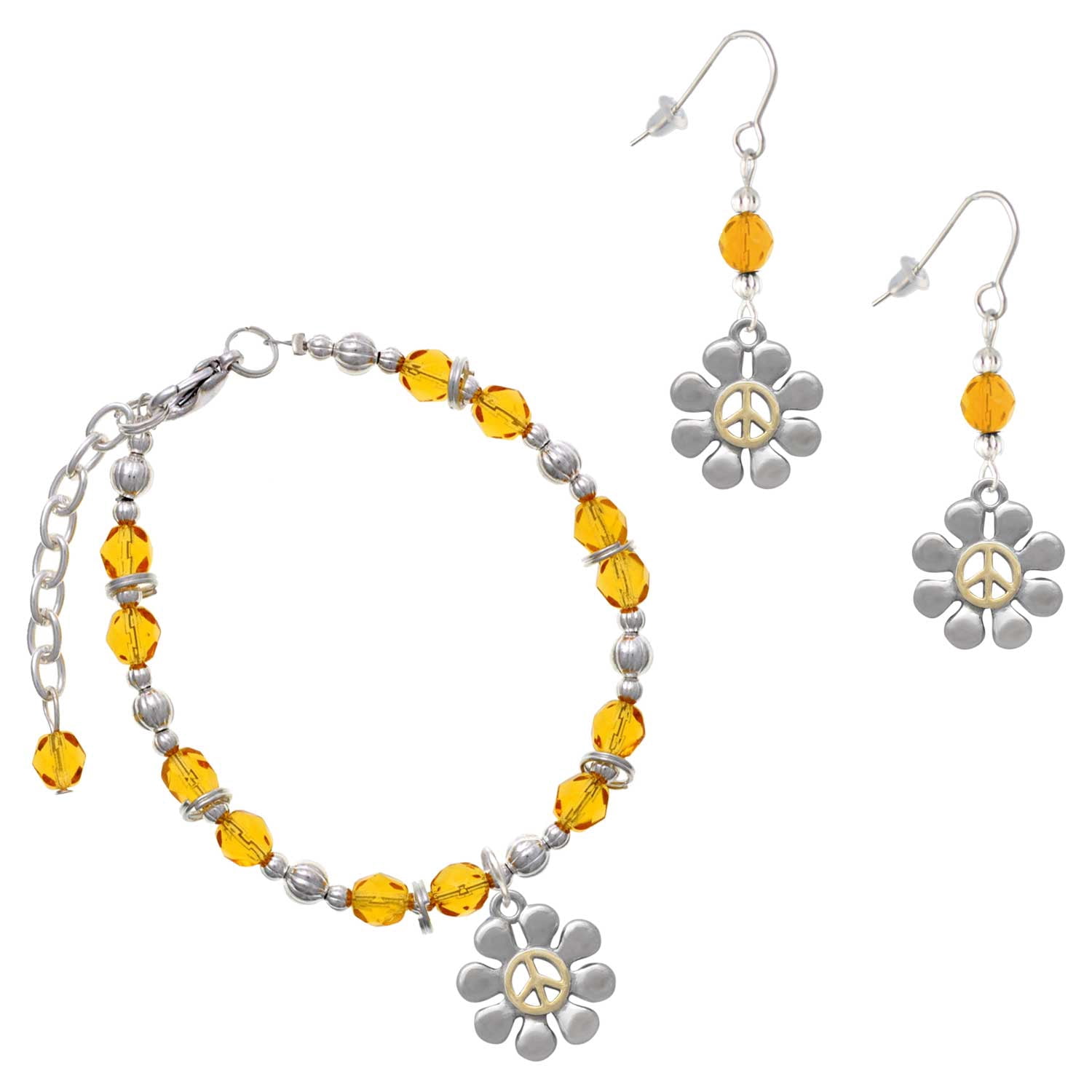 Delight Jewelry Yellow Beaded Bracelet and Earring Set, featuring Two-tone  Large Daisy with Peace Sign Charms