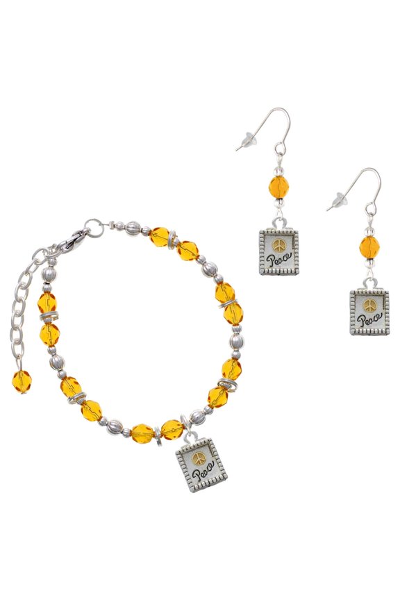 Yellow Beaded Bracelet and Earring Set, featuring Two-tone Shadow Box ''Peace'' with Peace Sign Charms