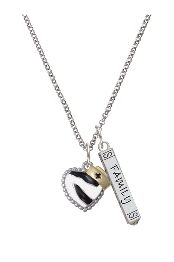 Zebra Print Heart with Nurse Hat Silvertone Family Bar Charm Necklace, 23"