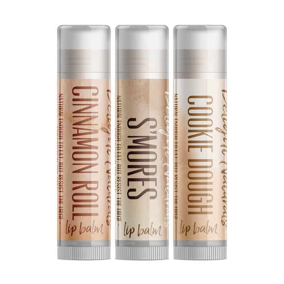 Delight Naturals Bakery Sweets Lip Balm Gift Set - Cinnamon Roll, S'mores, Cookie Dough
