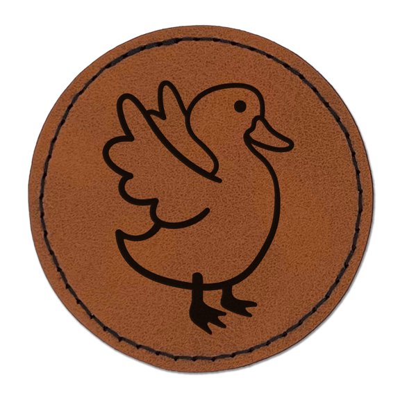 Delightful Duck Flapping Wings 2.5" Faux Leather Round Engraved Iron-On Patch - Brown