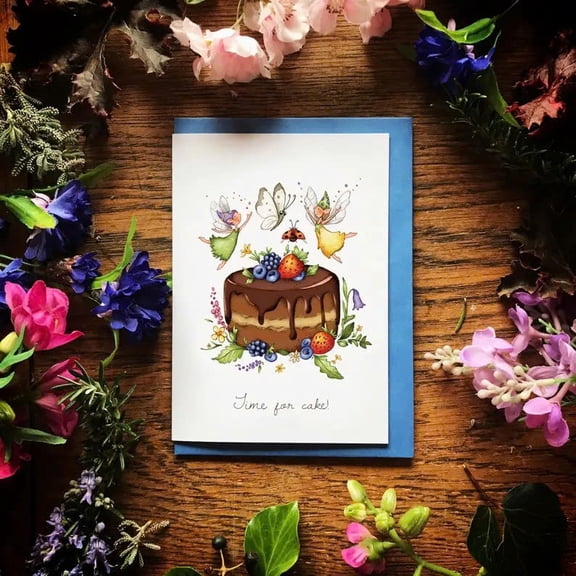 Delightful Fairy Cake Greeting Card - "Time for Cake!" Design - Perfect for Birthdays, Celebrations, or Just Because - Includes Envelope
