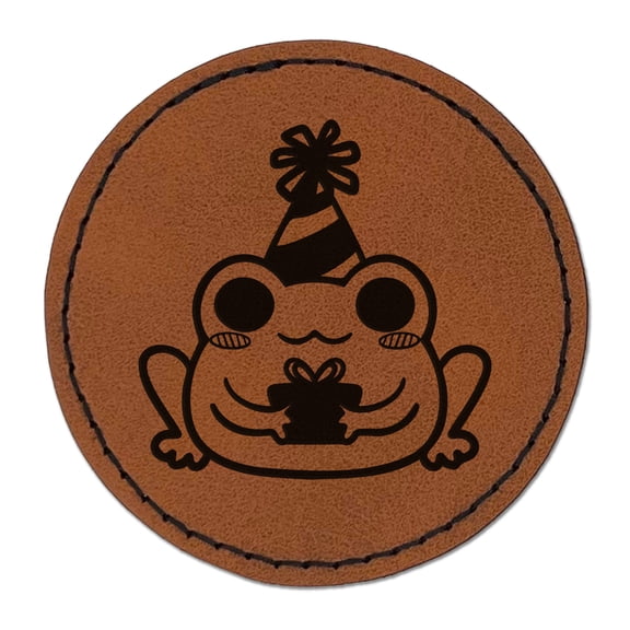Delightful Kawaii Chibi Birthday Frog Toad Holding Gift 2.5" Faux Leather Round Engraved Iron-On Patch - Brown
