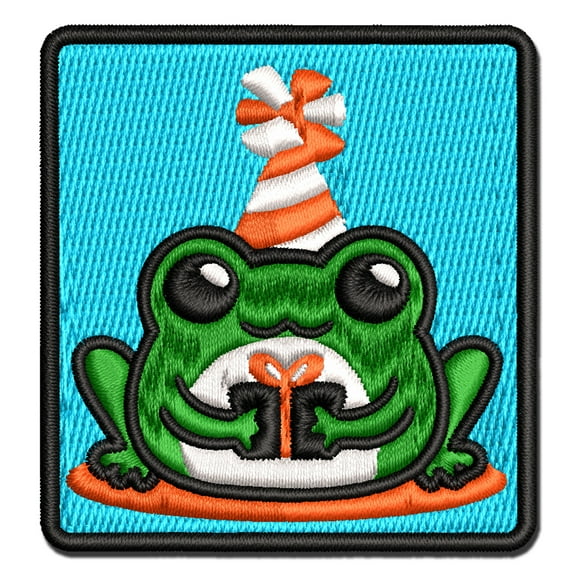 Delightful Kawaii Chibi Birthday Frog Toad Holding Gift Applique Multi-Color Embroidered Hook & Loop Patch - 3 Inch Medium