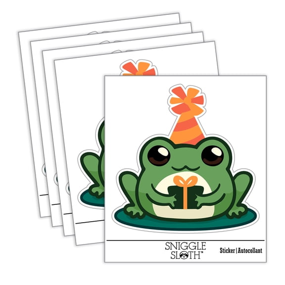 Delightful Kawaii Chibi Birthday Frog Toad Holding Gift Car Window Bumper Water Bottle Phone Tablet Laptop Waterproof Vinyl Decal Sticker Set 5-Pack - Gloss Finish - 4.0"
