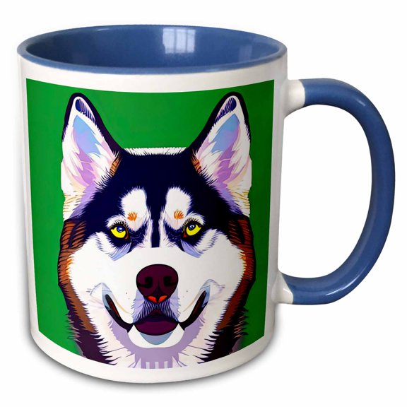 3drose, Delightful Siberian Husky Dog Portrait on Green. Digital Art Gift, 11oz Two-tone Blue Mug