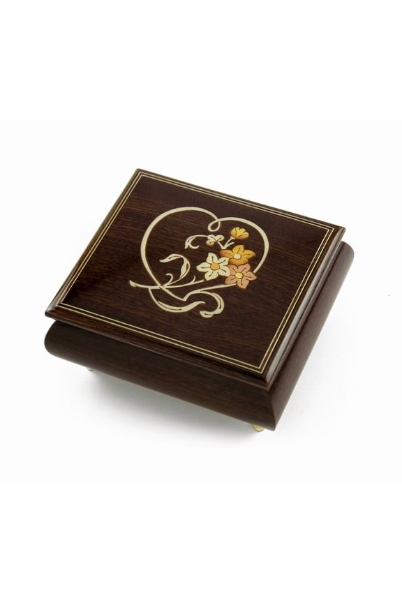 Delightful Warm Wood Tone Musical Jewelry Box with Floral and Heart Outline Inlay - Ballerina Girl (Lionel Richie)