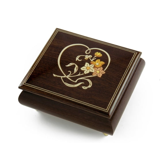 Delightful Warm Wood Tone Musical Jewelry Box with Floral and Heart Outline Inlay - Deck the Halls