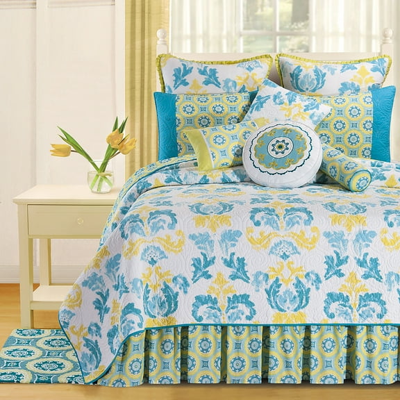 Delilah Blue Yellow Damask King Quilt