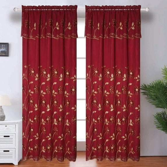 Delilah Floral Rod Pocket Embroidered Window Panel with Valance and Backing, Burgundy, 54x84 Inches