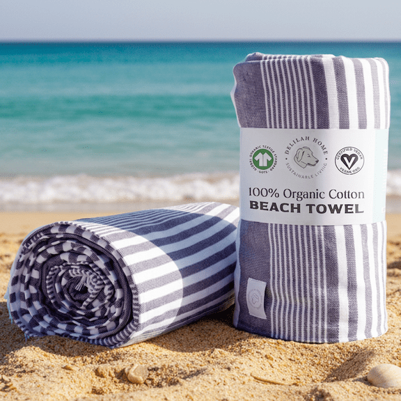 Delilah Home Sunset Beach Organic Cotton Beach Towel 36-Inch by 70-Inch Navy