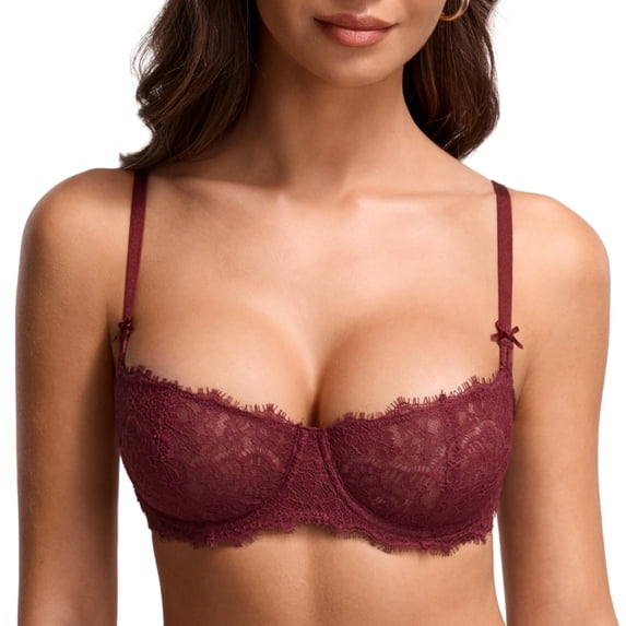 Delimira Women's Eyelash Lace Balconette Bra Plus Size, Underwire, Unlined, Push up, See Through