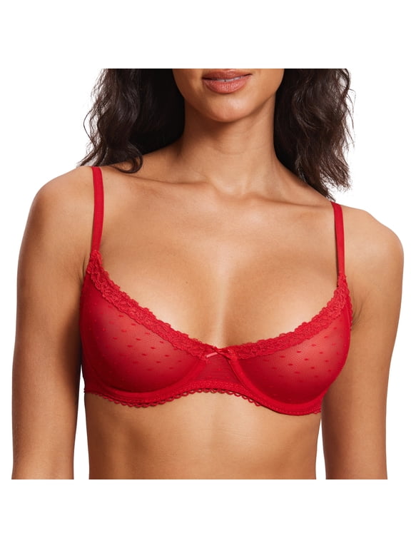 Women's Sheer Mesh Demi Bra Underwire Balconette, See Through, Plus Size, Soft