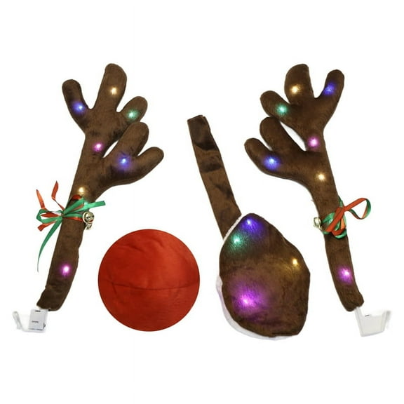 Deliqiba Car Reindeer Antlers,Antlers Car Kit with LED Lights,Reindeer Car Kit Antlers,Nose,Tail,Christmas Decorations for Car