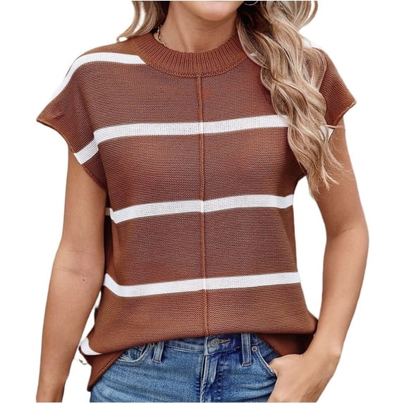Deliqiba Women Cap Sleeve Tank Tops Striped Crew Neck Casual Loose Fit Spring Summer Pullover Knit Sweater Vest Caramel White S