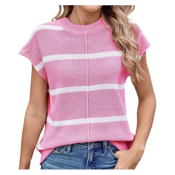 Dycnvjo Women Cap Sleeve Tank Tops Striped Crew Neck Casual Loose Fit Spring Summer Pullover Knit Sweater Vest Pink & White L
