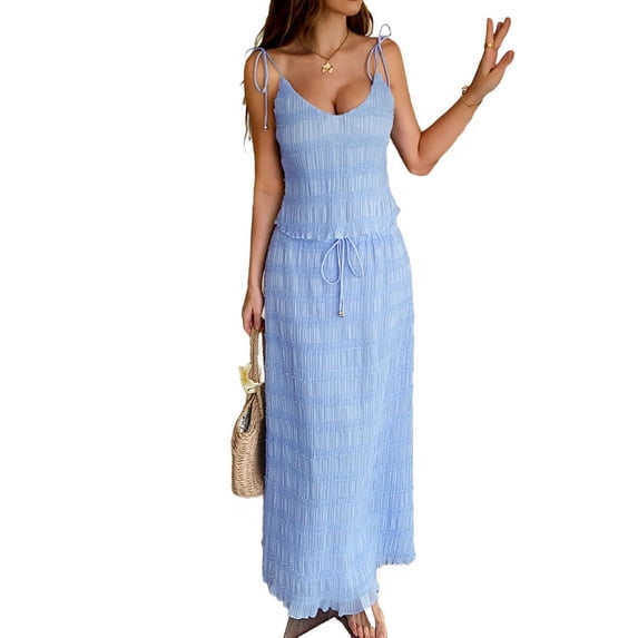 Deliqiba Women'S Vacation Casual Style Sling Seaside Long Skirt Going Out Set 2 Piece Outfits Blue XL