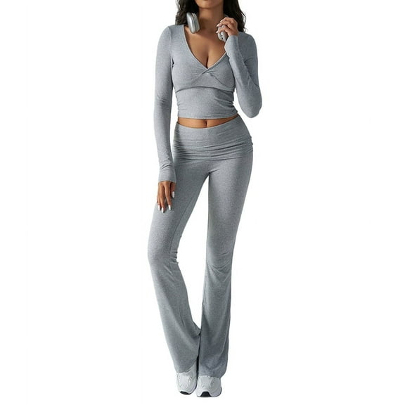Deliqiba Women'S Workout 2 Piece Lounge Sets Long Sleeve Tops Foldover Flare Pants Casual Outfits Tracksuit Grey XL