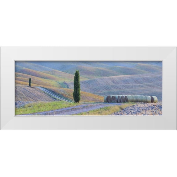 Delisle, Gilles 24x11 White Modern Wood Framed Museum Art Print Titled - Italy, Tuscany Hay bales and farmland