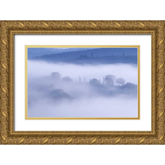 Delisle, Gilles 24x17 Gold Ornate Wood Framed with Double Matting Museum Art Print Titled - Italy, Tuscany, Pienza Morning fog over town