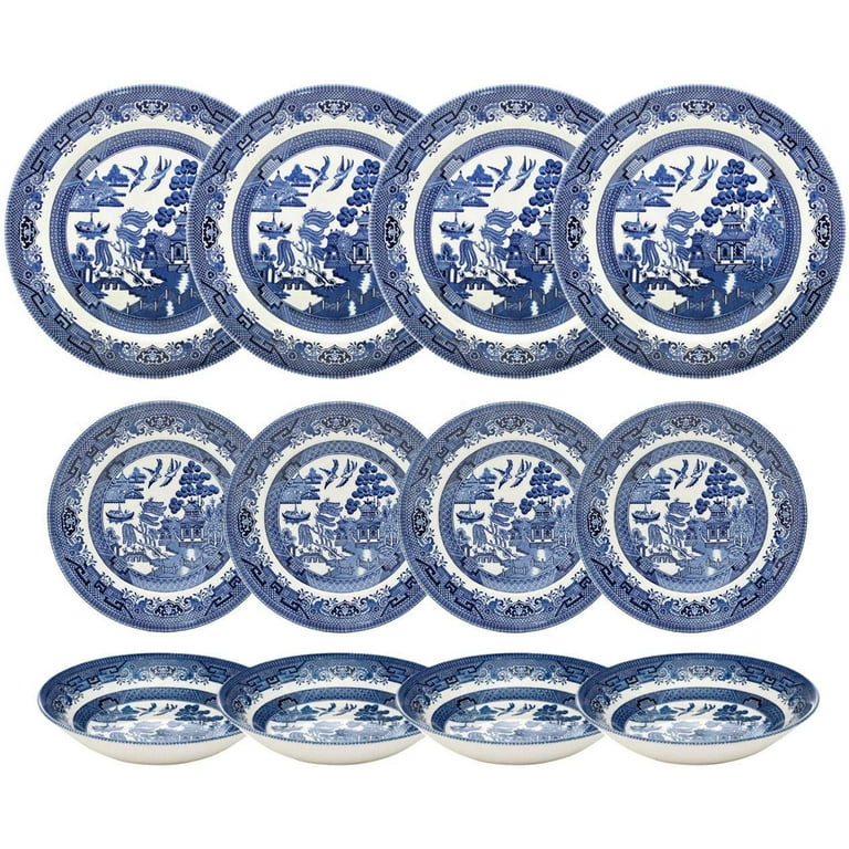 Churchill Blue Willow Dishes Set Dinner Salad Plates, Coupe