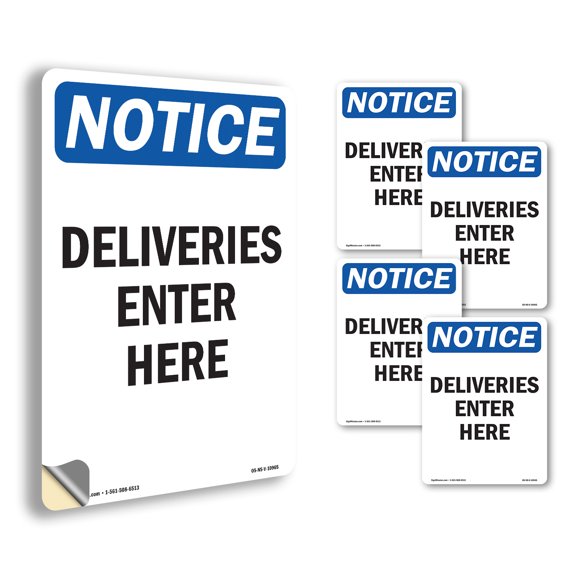 Deliveries Enter Here OSHA Notice Vinyl Decal Label 7 Inch x 5 Inch - 5 Pack