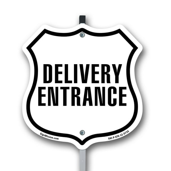 Delivery Entrance 12 inch X 12 inch Shield Shaped Rust-Free Aluminum Metal Sign with Aluminum Mounting Stake Weather Resistant Made in the USA