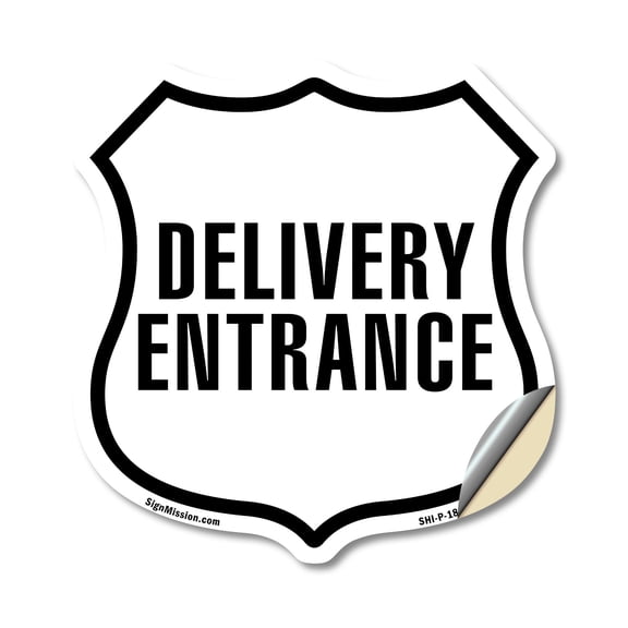 Delivery Entrance (5 Pack) 6 inch X 6 inch Shield Shaped Heavy Duty 3.2 mil Vinyl Decals Weather Resistant Made in the USA