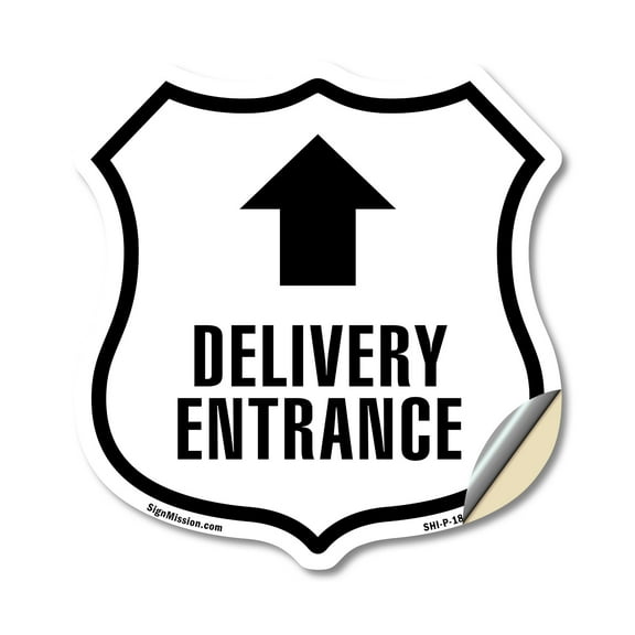 Delivery Entrance Up (5 Pack) 6 inch X 6 inch Shield Shaped Heavy Duty 3.2 mil Vinyl Decals Weather Resistant Made in the USA